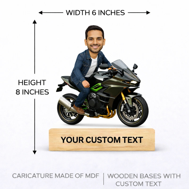 Bike rider caricature size 6x8 inches made of MDF with wooden base and personalized text for gifting
