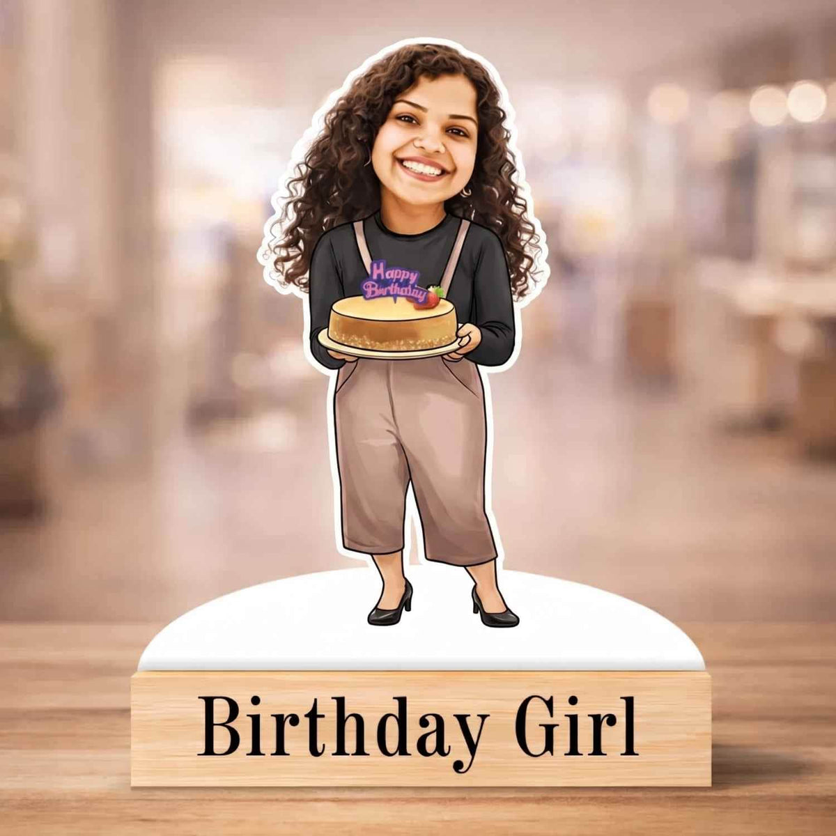 Custom birthday girl caricature made from MDF with wooden base and personalized text, perfect birthday gift for her