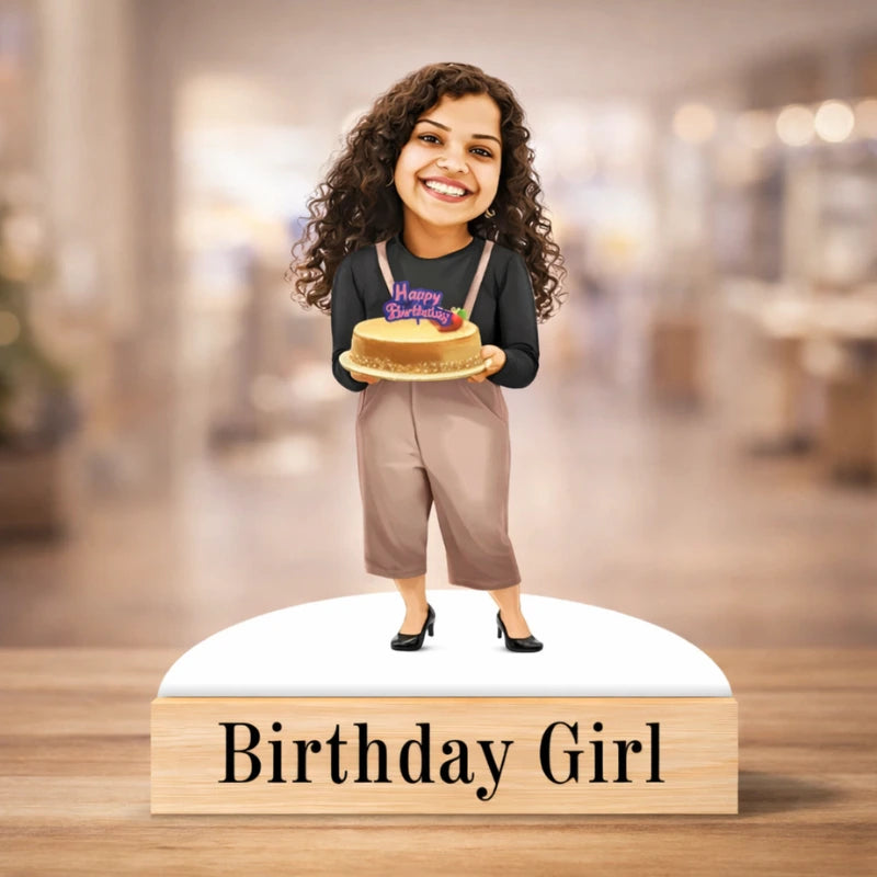 Custom birthday girl caricature made from MDF with wooden base and personalized text, perfect birthday gift for her