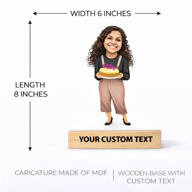 Birthday girl caricature 6x8 inches made of MDF with wooden base and custom name text, desk decor gift