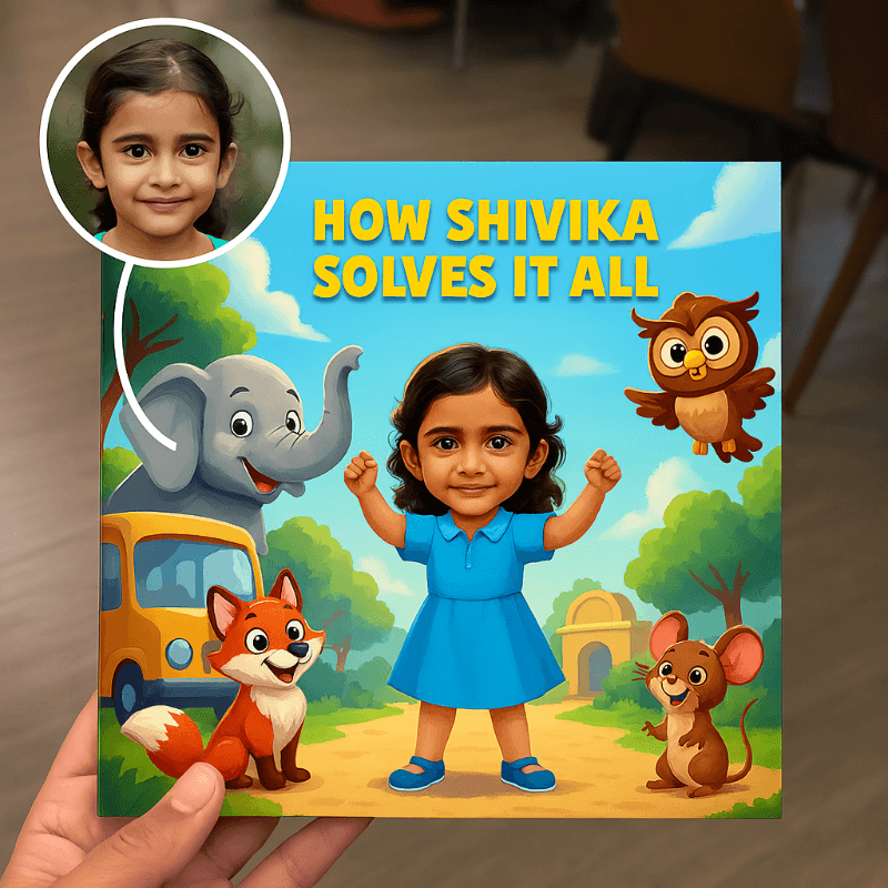 Book cover titled 'How Shivika Solves It All' with animated characters including a girl, elephant, owl, fox, and mouse.
