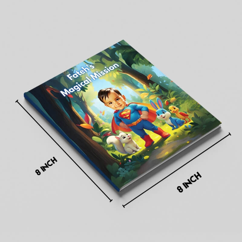 book titled 'Fater's Magical Mission' with a superhero character on the cover, displayed with dimensions.