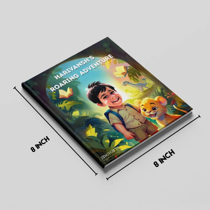 Children's book with a lion and a child on the cover, dimensions indicated.