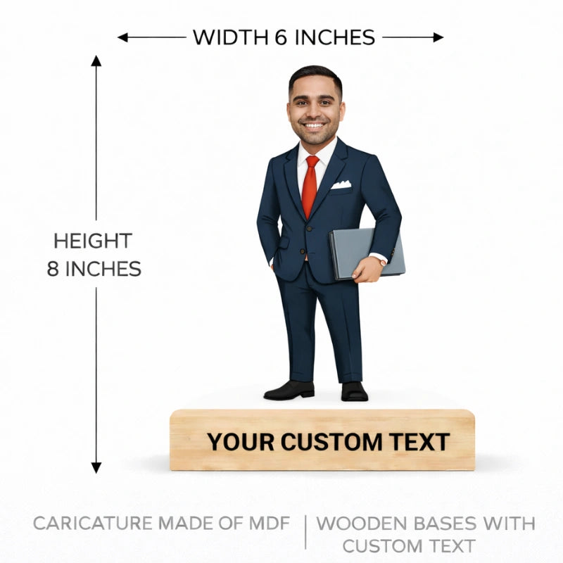 Boss caricature size 6x8 inches made of MDF with wooden base and customizable text for office gifting