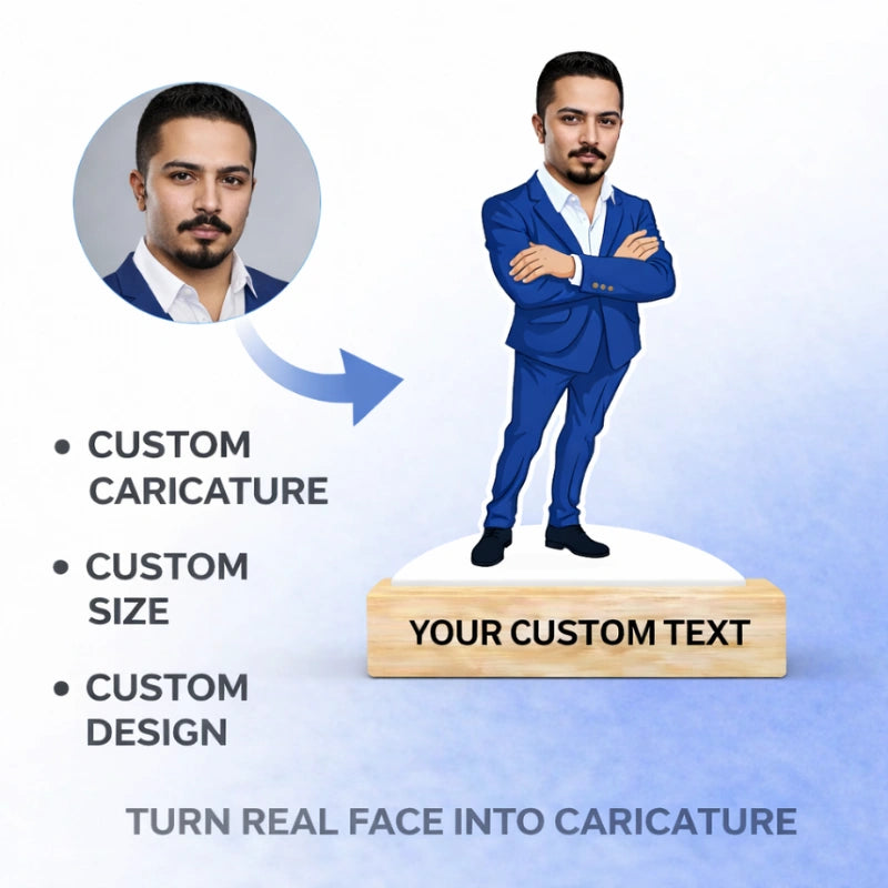 Custom boss caricature standee in festive theme made from MDF with wooden base and custom text