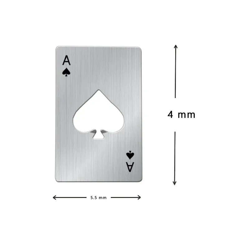 Silver ace of spades card with dimensions on a white background