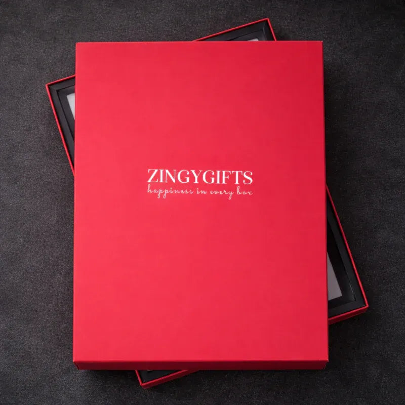 Red gift box with 'ZingyGifts' branding on a premium gifting background
