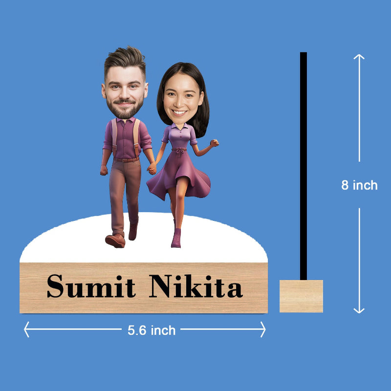 Caricature figures of a man and woman holding hands with dimensions labeled on a blue background