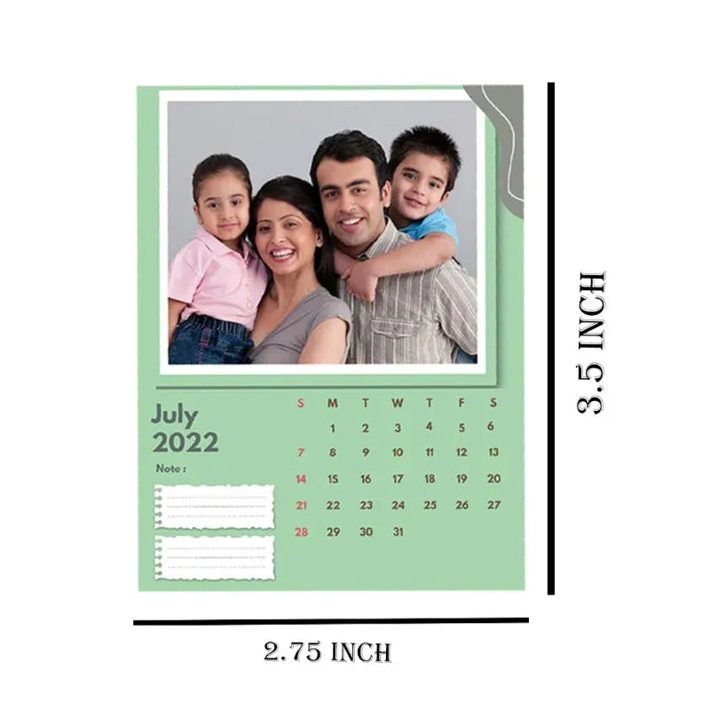 Calendar with a family photo and dimensions on a white background