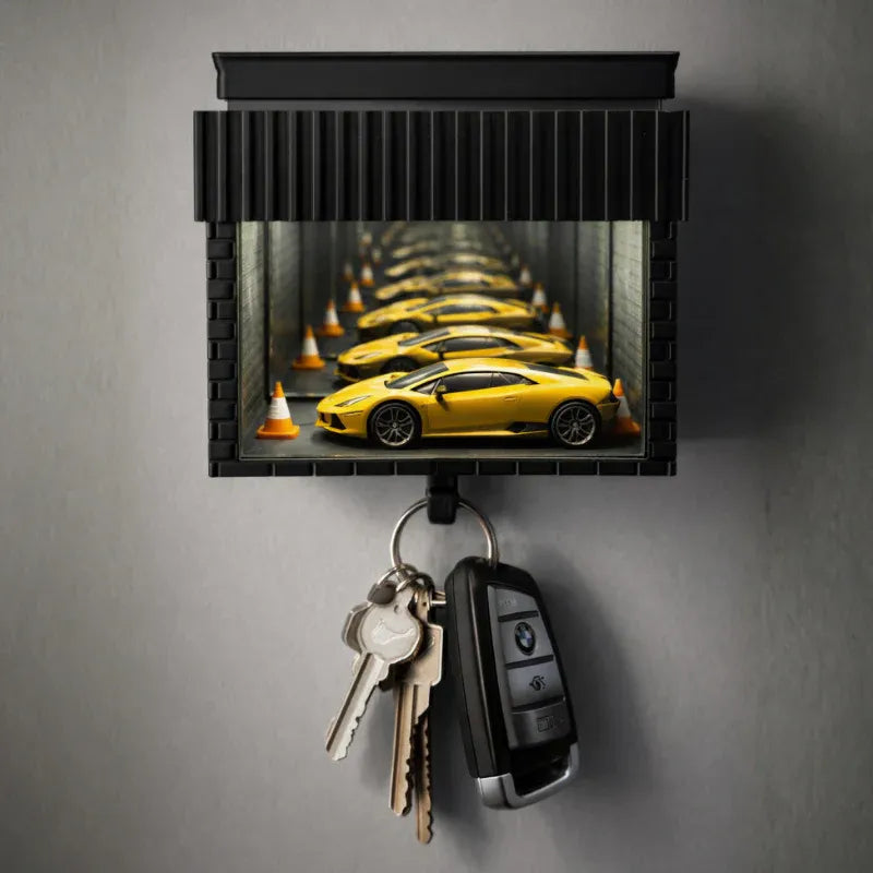 Key holder with keys attached, featuring a picture of yellow sports cars on a gray wall.