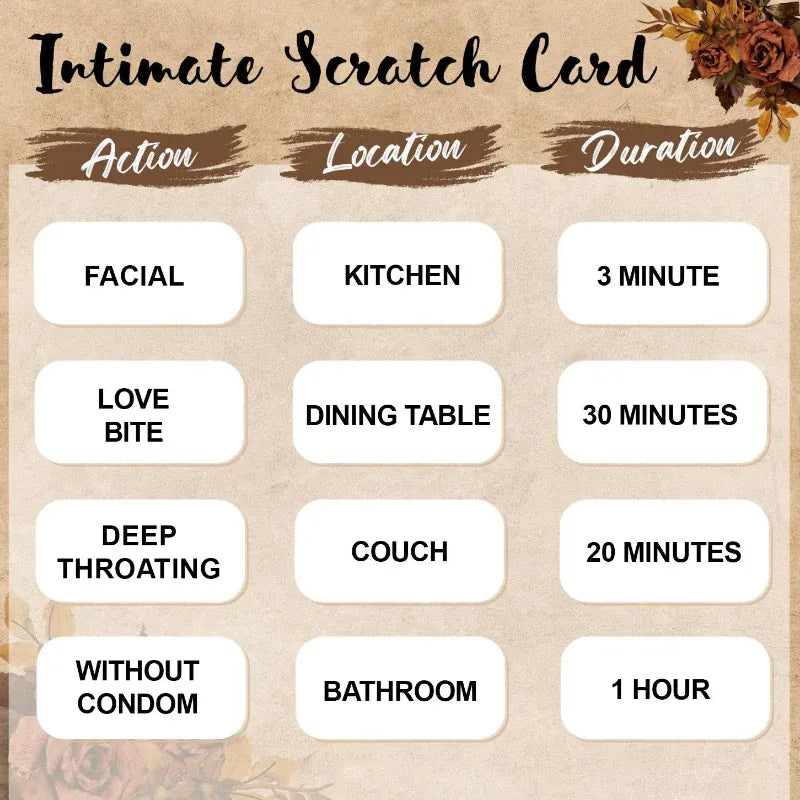 Intimate Scratch Card with action, location, and duration labels on a brown background.