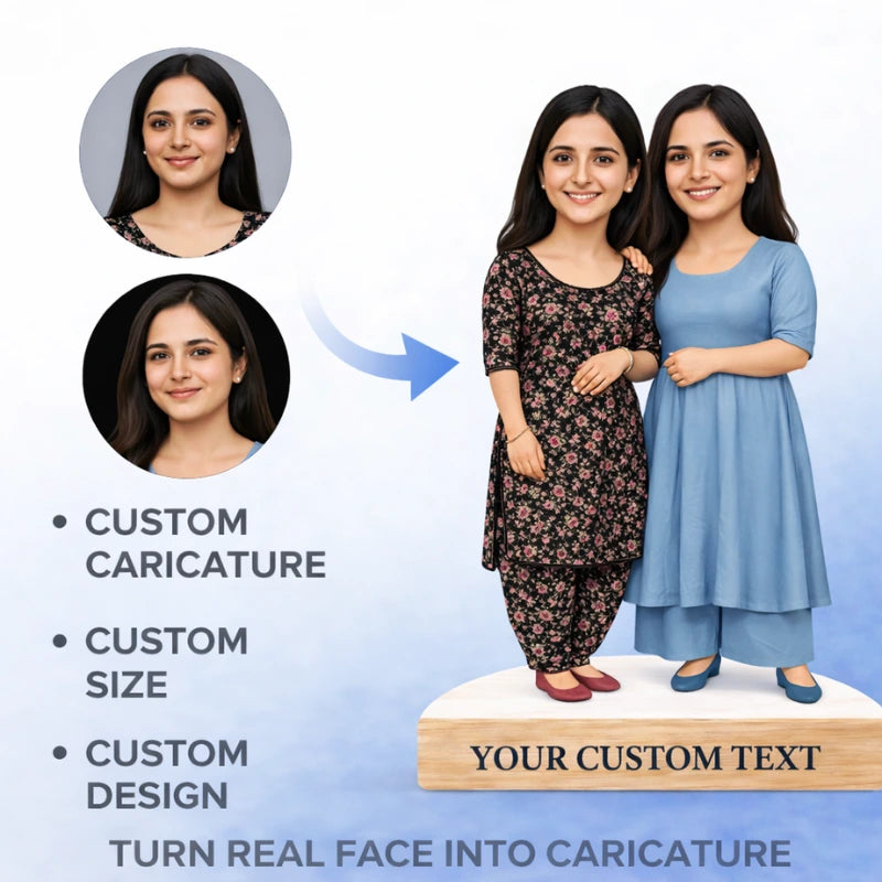 Two BESTFRIEND women in traditional outfits with a caricature version of one of them, text indicating customizable features.