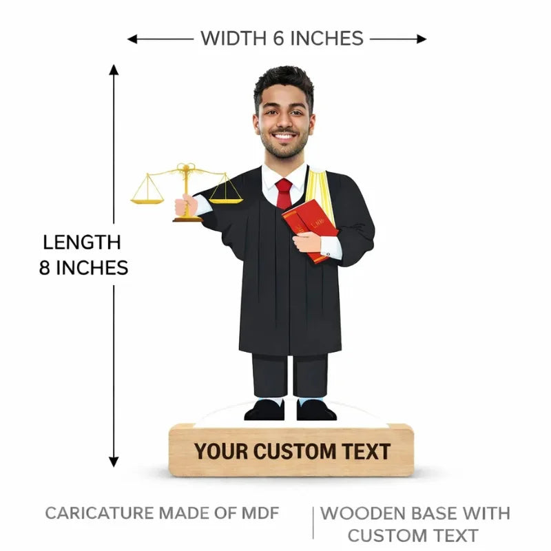 lawyer Graduation-themed custom caricature with measurements and customizable text on a white background