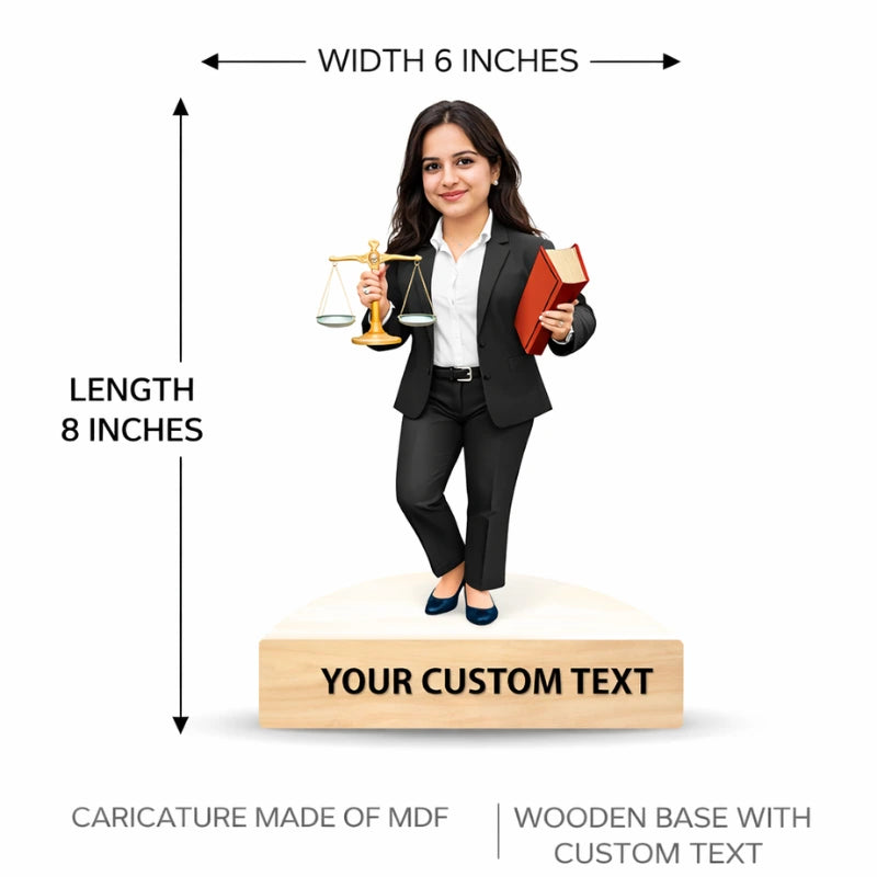 Caricature of a woman in a suit holding books and a scale with dimensions and customizable text on a wooden base.