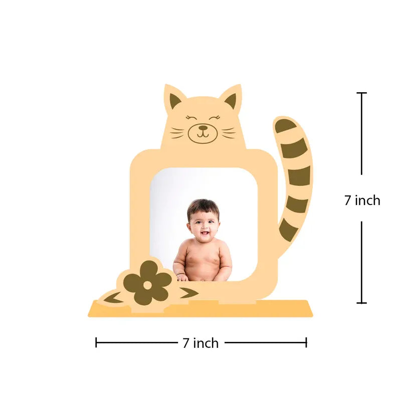 Cat baby photo frame size. personalised wooden cat shaped 
baby picture frame 7x7 inch dimensions with striped tail and flower design, custom newborn baby frame India from Zingy Gifts.