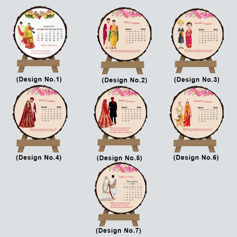 Set of circular calendars with illustrated couple designs on a light gray background