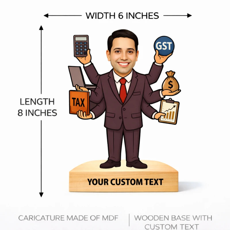 Personalized chartered accountant caricature holding GST, tax file and calculator, custom corporate gift for CA