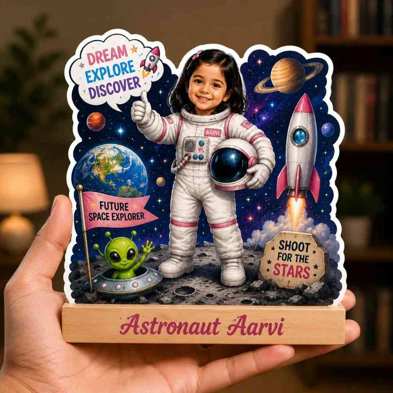 Child's astronaut figurine with space-themed decorations and text, held by a hand.