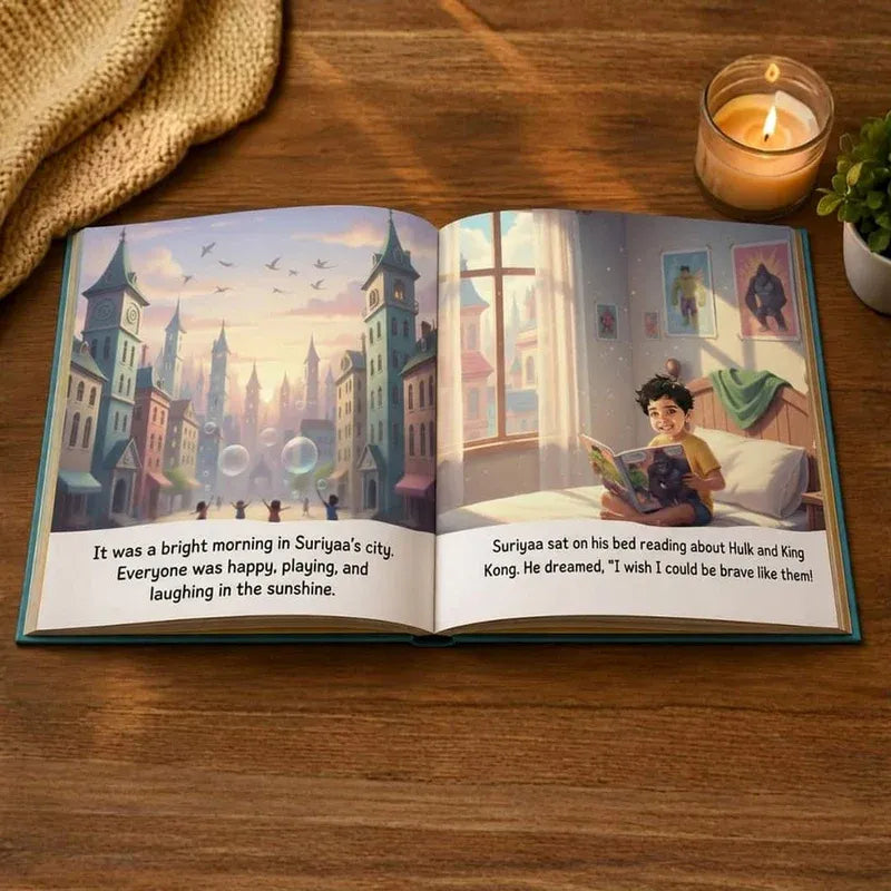 An open children's picture book lying on a wooden table, showing a colorful illustration of a city and a bedroom scene with printed text. A lit candle, a knitted blanket, and a small plant are visible around it.