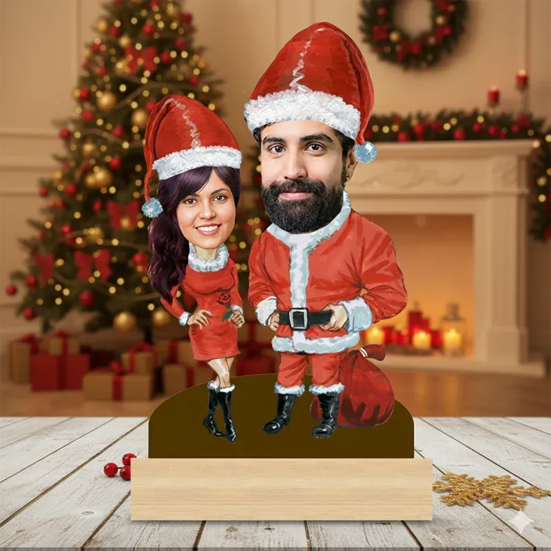 caricature of a man and woman in Santa outfits with a Christmas tree and fireplace in the background.