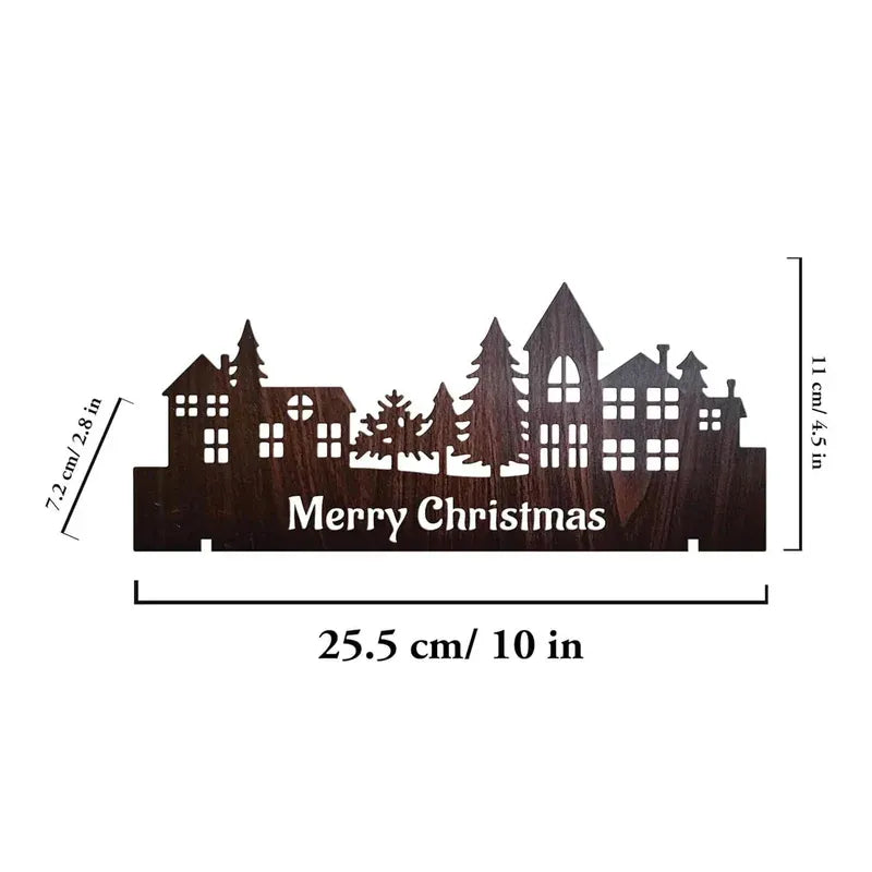 Decorative metal sign with Christmas village design and 'Merry Christmas' text, with dimensions indicated.