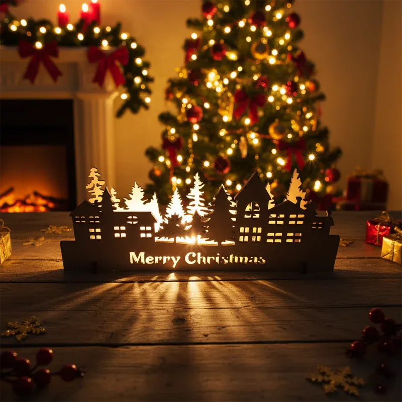 Decorative Christmas scene with a lit-up village model, Christmas tree, and fireplace.