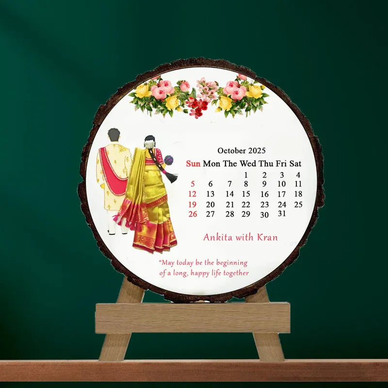 Couple’s Photo & Wedding Month Calendar on Wooden Slice – Personalized Anniversary Gift