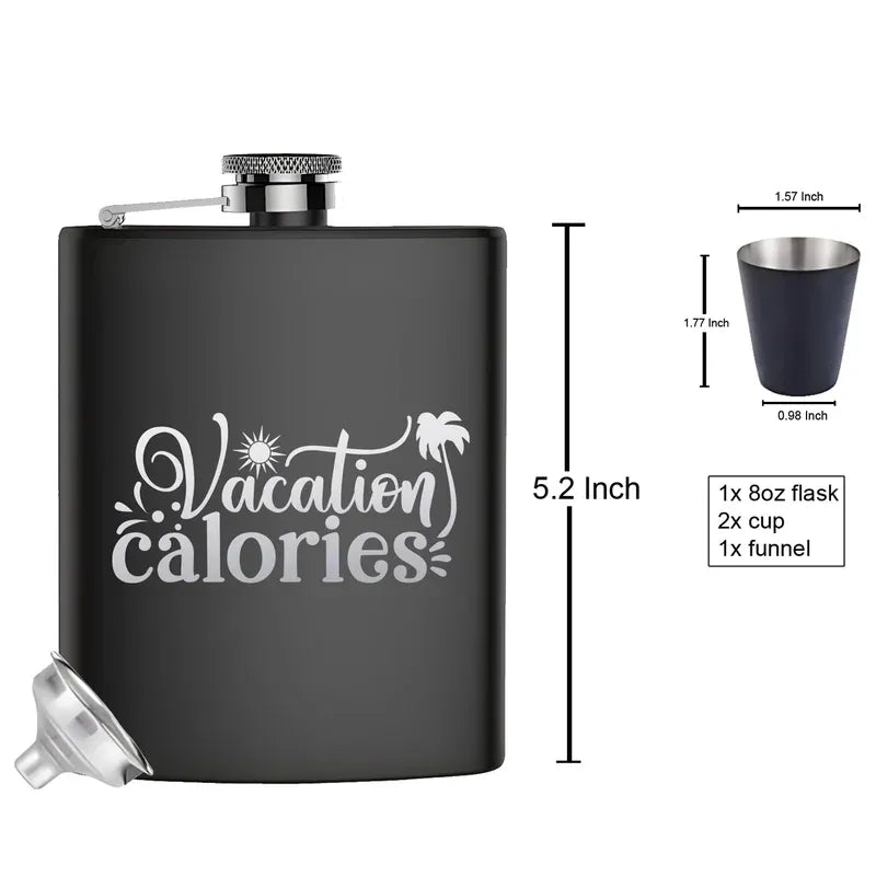 Black flask with 'Vacation calories' text and measurements on a white background
