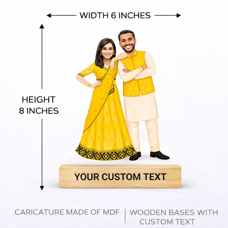 6 x 8 inch custom couple caricature MDF standee with wooden base and personalized text
