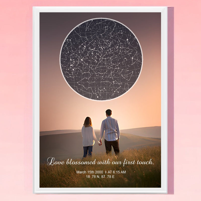 A custom star map gift for couples, featuring a white border and a depiction of a couple standing in a field looking at a starry sky.