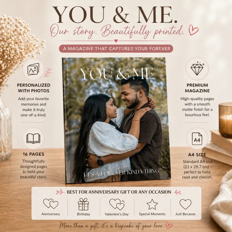Advertisement for 'You & Me' magazine with a couple embracing on the cover, set against a warm background.