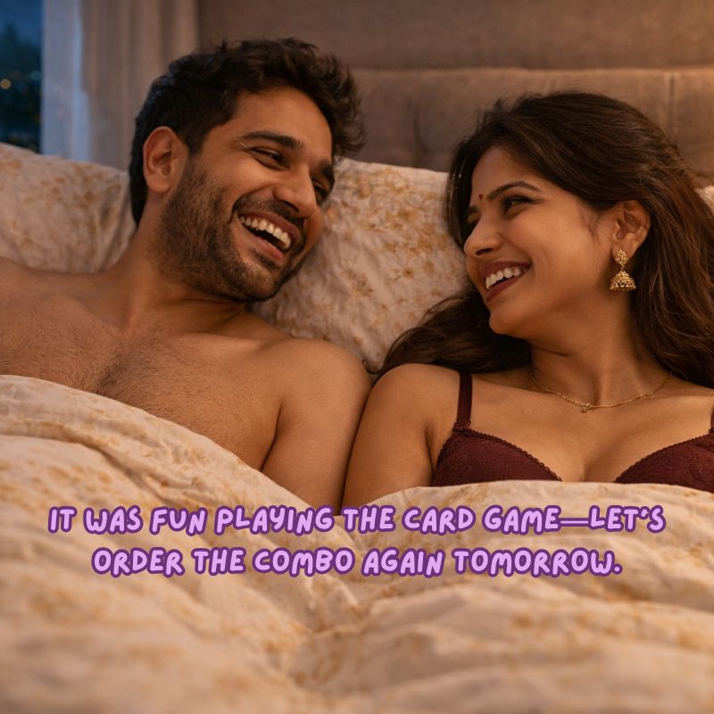 Couple lying in bed together with a text overlay about playing a card game.