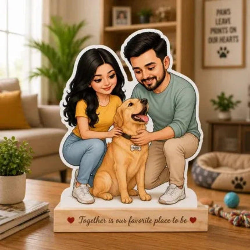A custom cardboard cutout standee featuring a cartoon couple hugging and petting a golden retriever dog, displayed on a wooden base with the text 'Together is our favorite place to be' in a cozy living room setting.