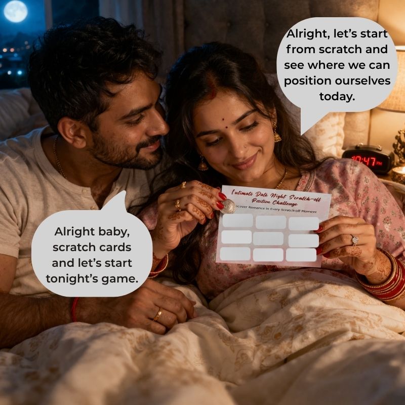 Couple in bed holding a scratch card with text bubbles indicating a game night.