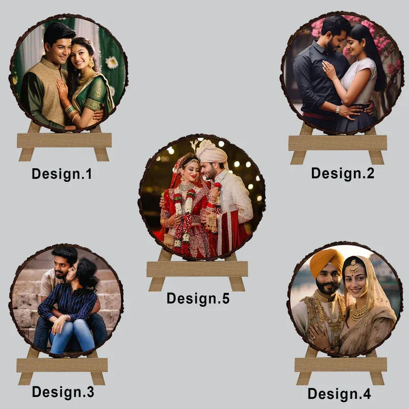 Five circular photo designs of couples on stands against a light gray background.