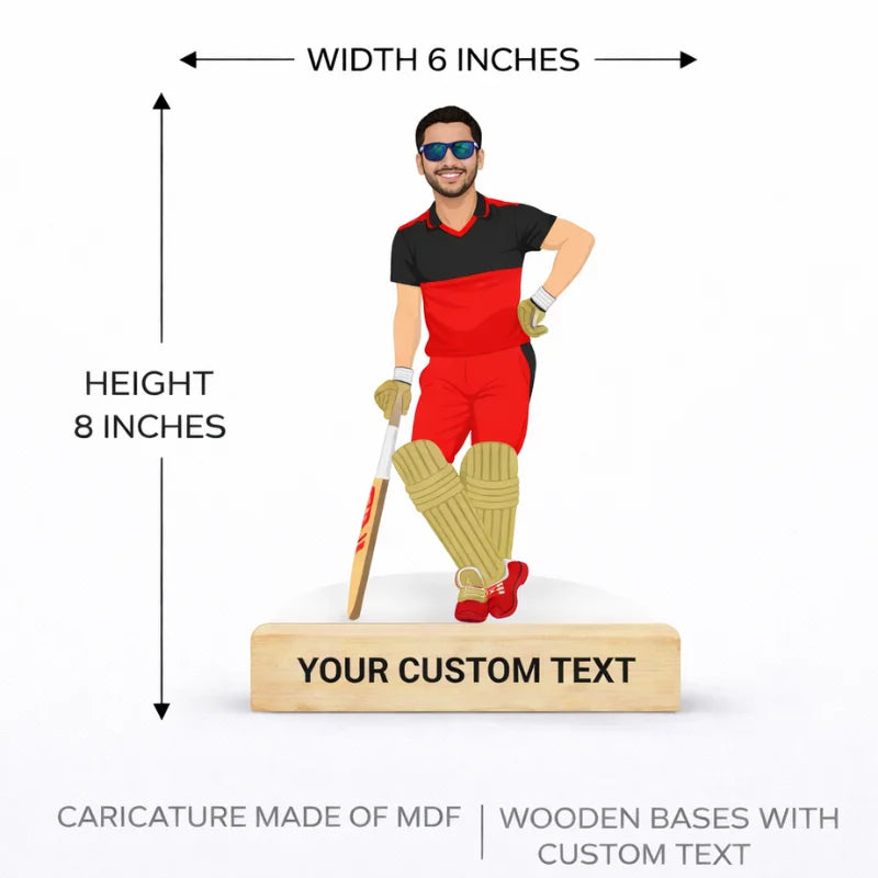 6 x 8 inch custom cricketer caricature MDF standee with wooden base and engraved personalized text
