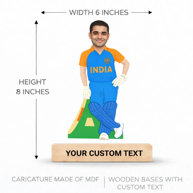 Custom male cricketer caricature with MDF cutting and wooden base showing 6 inches width and 8 inches height