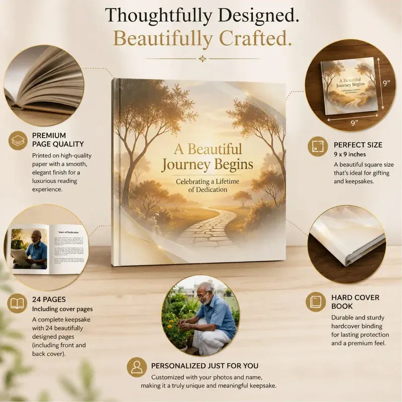 Book titled 'A Beautiful Journey Begins' with features highlighted on a wooden surface.