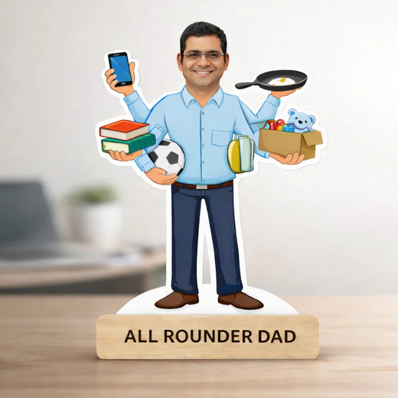 Custom all rounder dad caricature made from MDF with wooden base and personalized text, perfect gift for father
