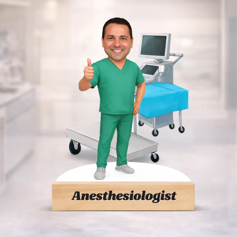 Custom MDF anesthesiologist doctor caricature of an Indian male wearing green scrubs, mounted on a premium wooden base with personalized text – perfect personalized doctor gift.