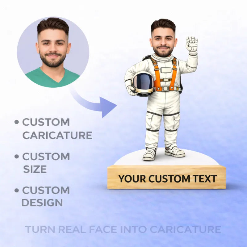 Custom astronaut caricature made from photo with MDF cutout and wooden base with personalized text