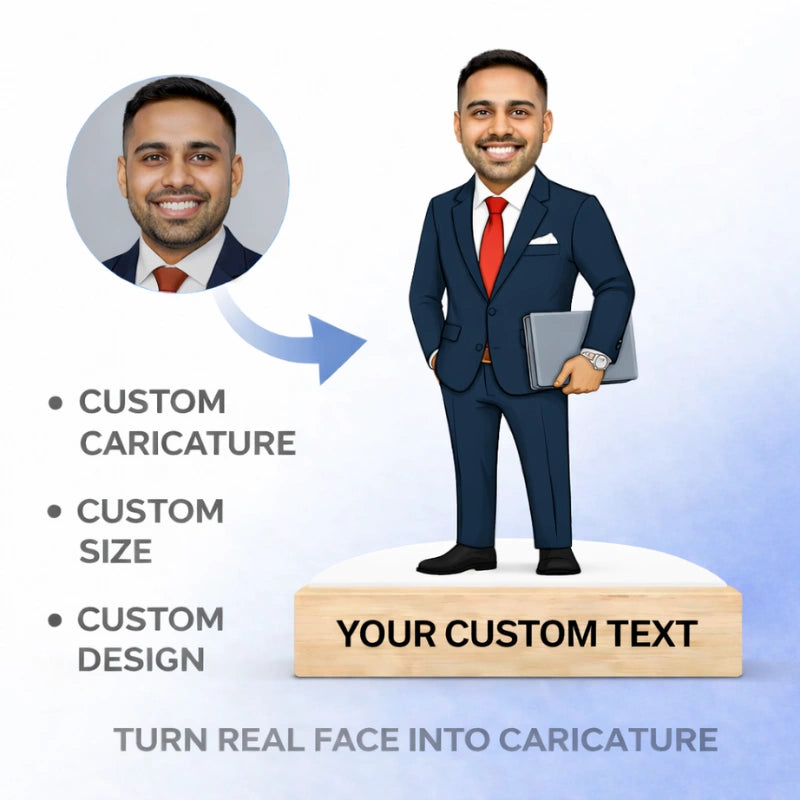 Custom boss caricature created from customer photo using MDF cutout and wooden base with personalized text