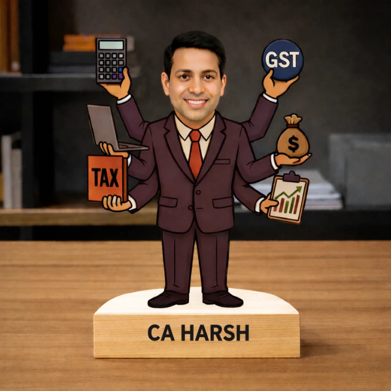 Custom CA caricature made from MDF with wooden base and personalized name CA Harsh, professional chartered accountant gift