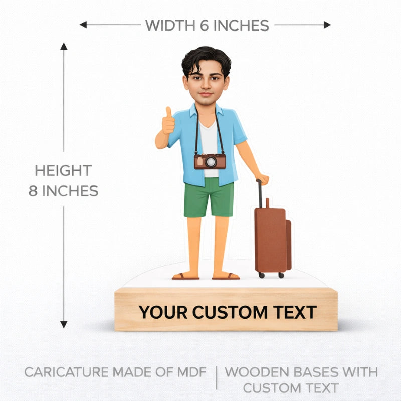 6 x 8 inches custom caricature dimensions showing MDF cutout with wooden base and personalized text size reference.