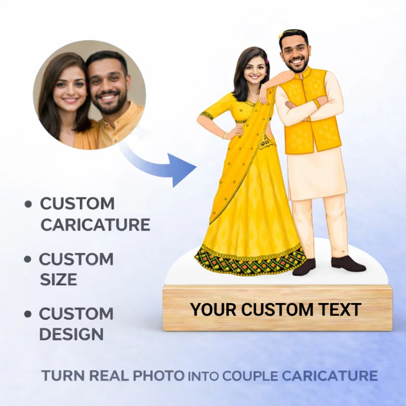 Custom couple caricature made from customer photo, MDF cut standee with wooden base and personalized text
