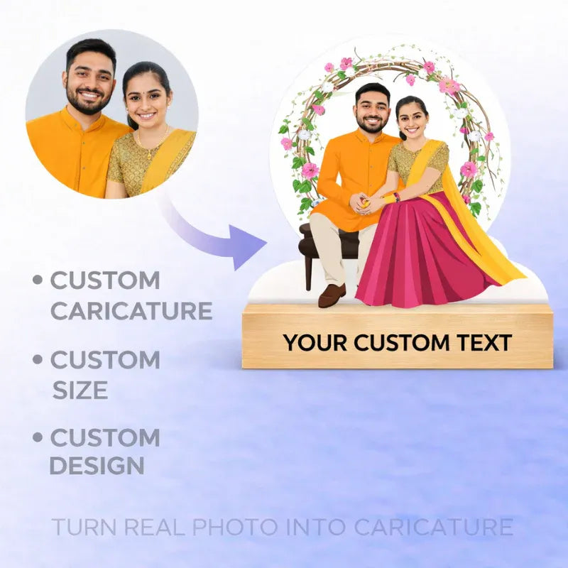 Couple caricature created from real photo, featuring custom illustration, MDF cutting, and wooden base personalization