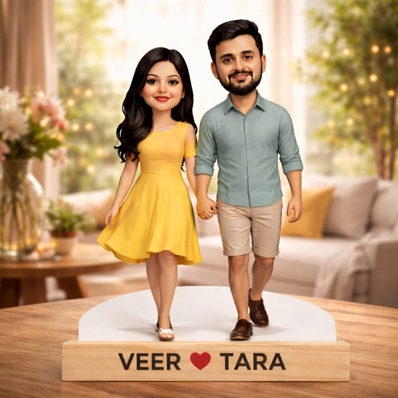 Custom MDF couple caricature of an Indian couple holding hands, mounted on a premium wooden base with personalized text – perfect personalized couple gift for birthdays, anniversaries, and special occasions.
