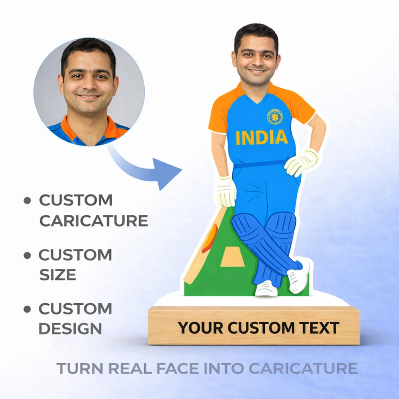 Before and after transformation showing an Indian male photo converted into a personalized cricketer caricature with MDF cut and wooden base