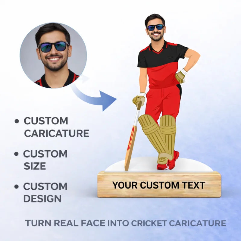 Custom cricketer caricature made from customer photo, MDF cut cricket standee with wooden base and personalized text
