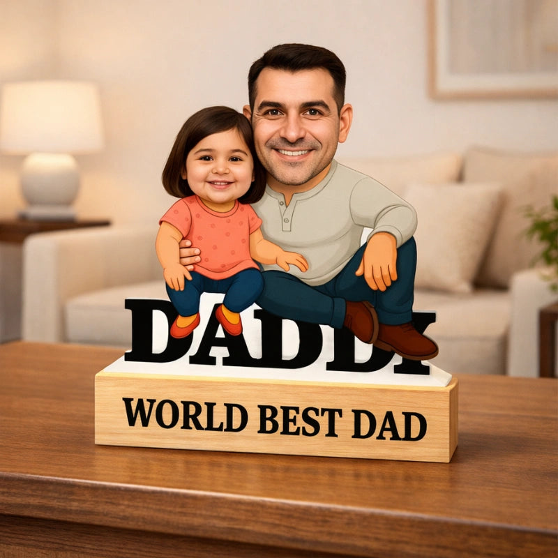 Custom daddy and daughter caricature figurine made from MDF with personalized wooden base text, perfect gift for father and child